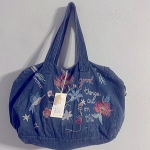 Johnny Was Linen Tote Bag-Edie Floral Embroidered Tote Bag - Denim blue NWT